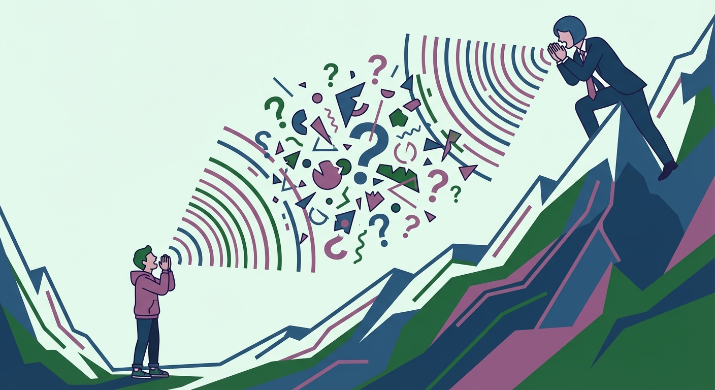 A founder and engineer shouting at each other across a steep mountainside, their messages colliding mid-air and scattering into fragments and question marks.