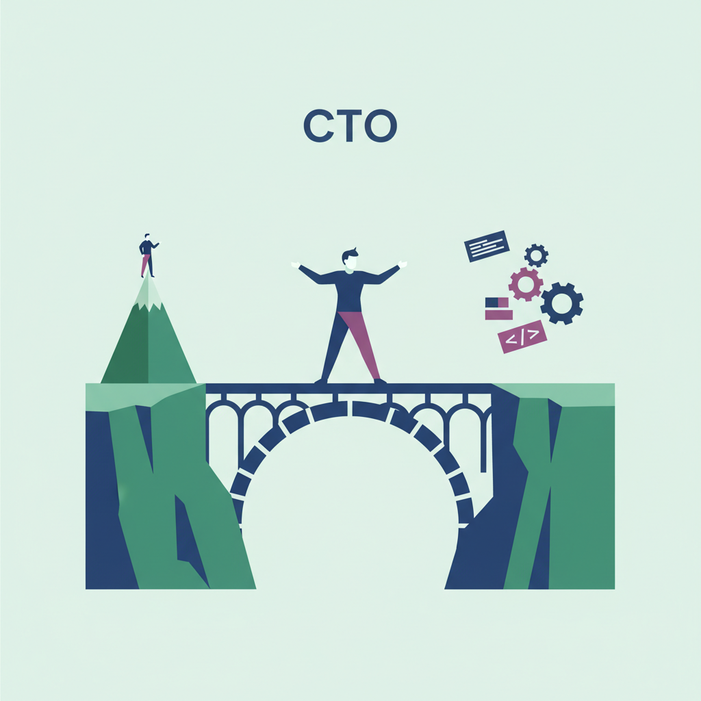 A CTO standing on an arched bridge, spanning the gap between the visionary mountaintop and the engineering workshop.